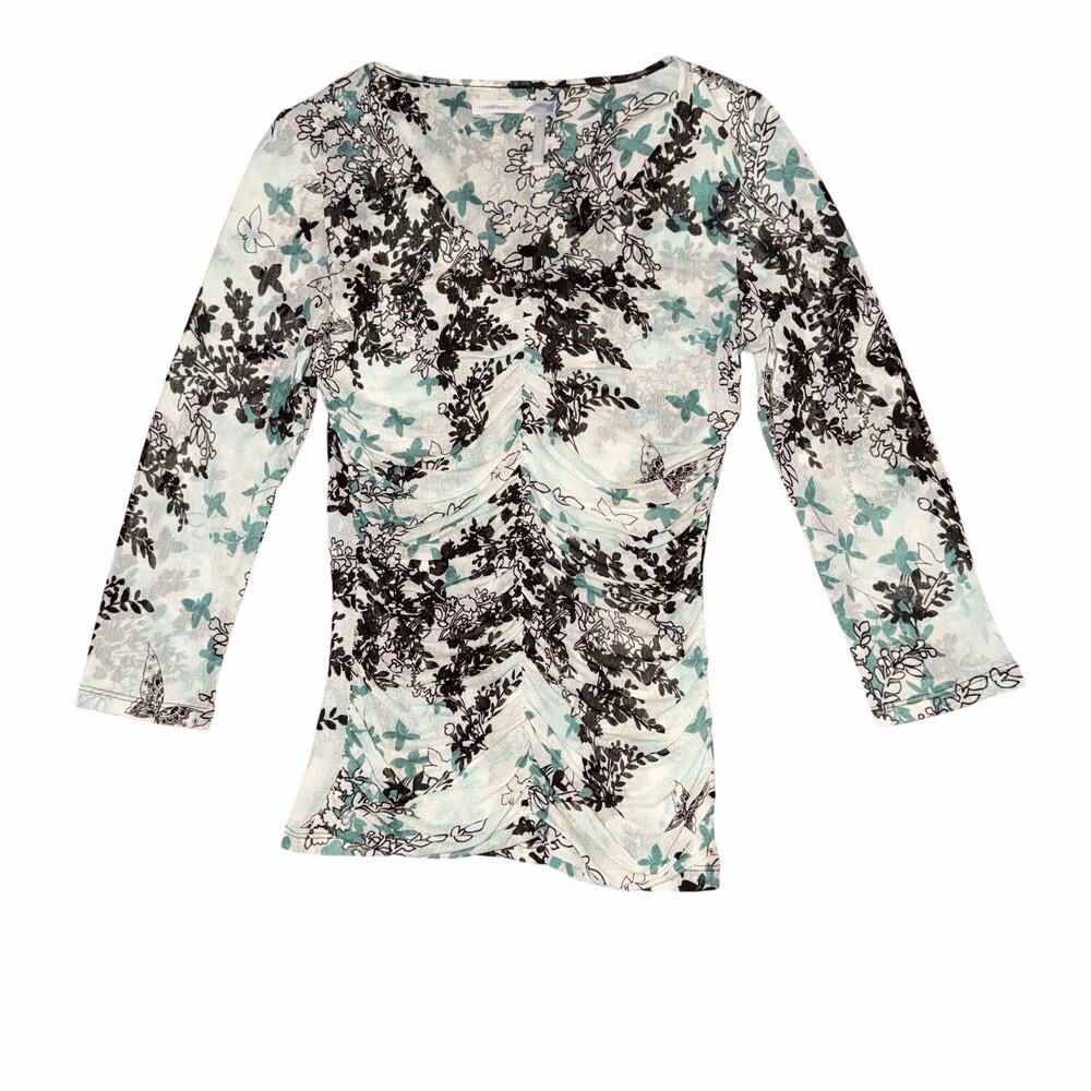 Classiques Entier 100% Silk Ruched Mesh Top Floral Butterfly Long Sleeve S